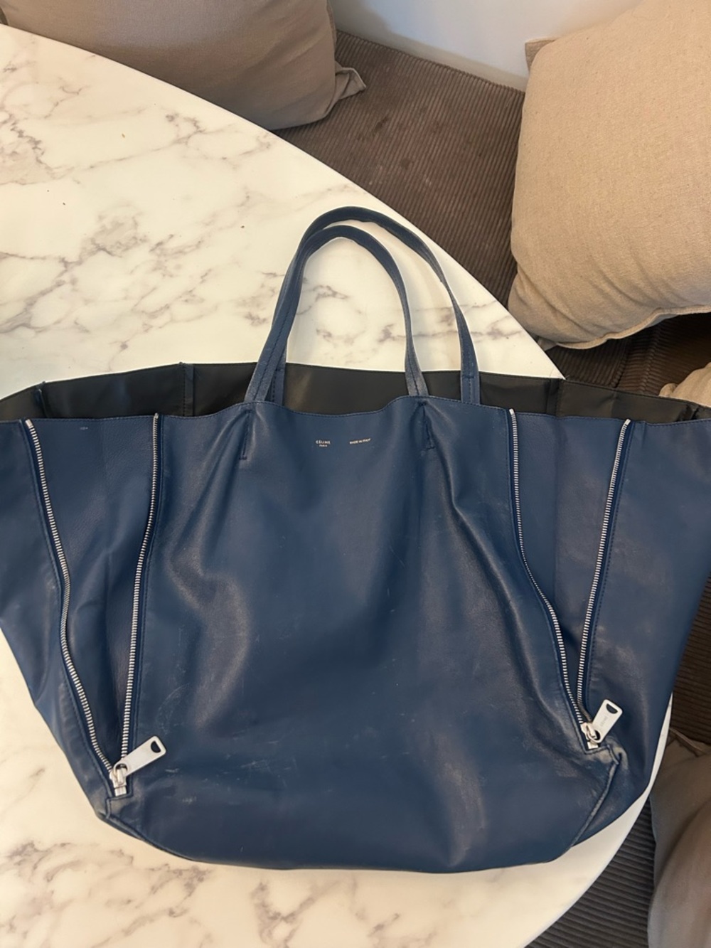 Celine Blue Leather Zip-Accent Tote